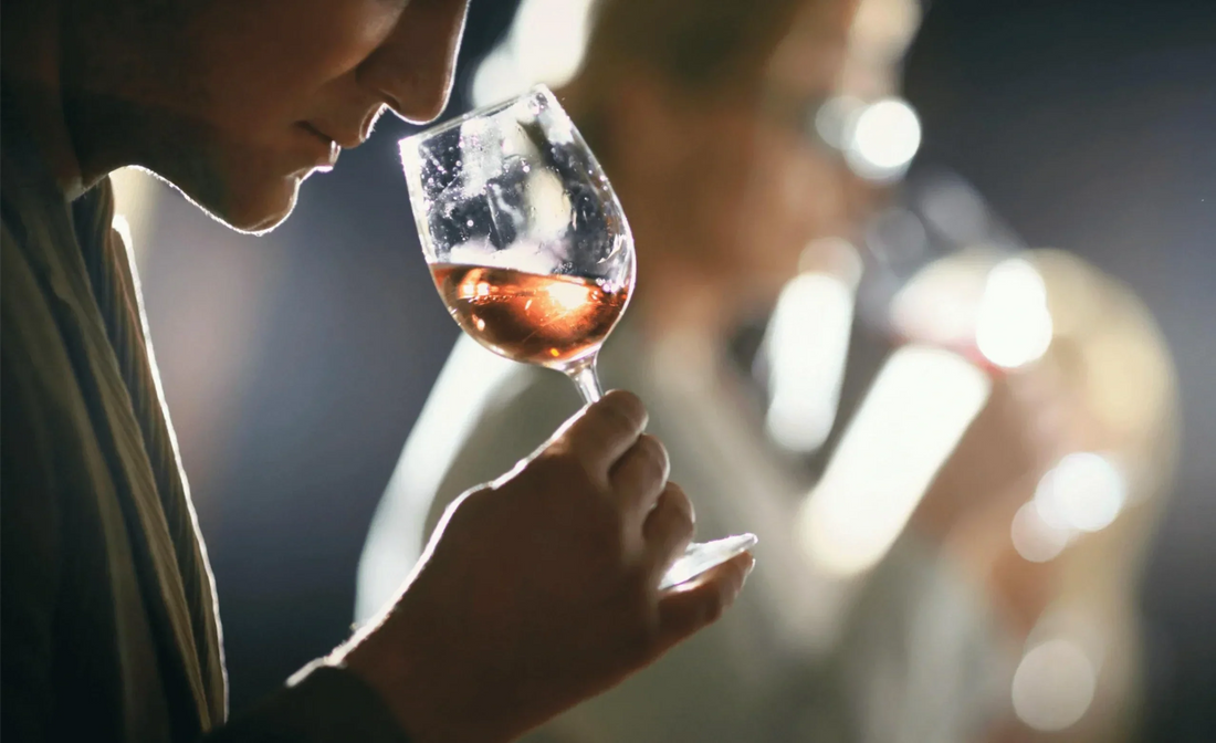 Close-up of a person smelling wine in a glass during a wine tasting session, focusing on aroma and flavour appreciation.
