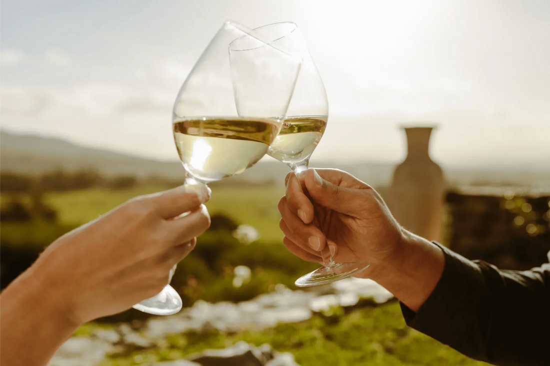 Two people clinking glasses of white wine outdoors – an elegant featured image for a guide to different white wine types