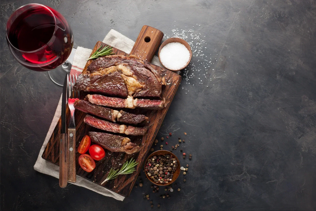 Artistic illustration of a wine and steak pairing, with a juicy steak and a glass of red wine, highlighting the classic food and wine combination for steak lovers
