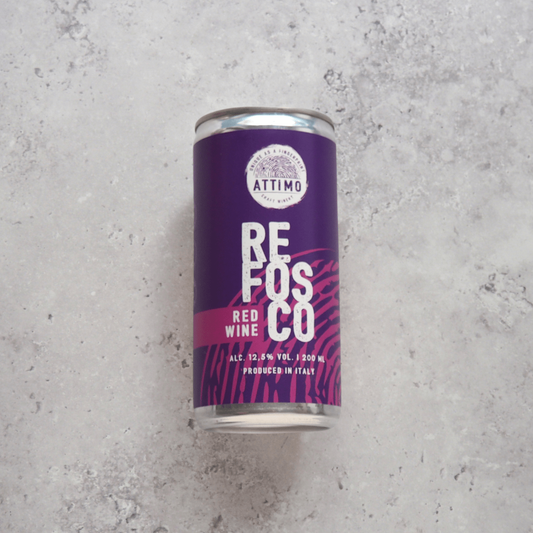 A 200ml can of red wine made from Refosco grapes from Italy produced by Attimo Craft Winery.