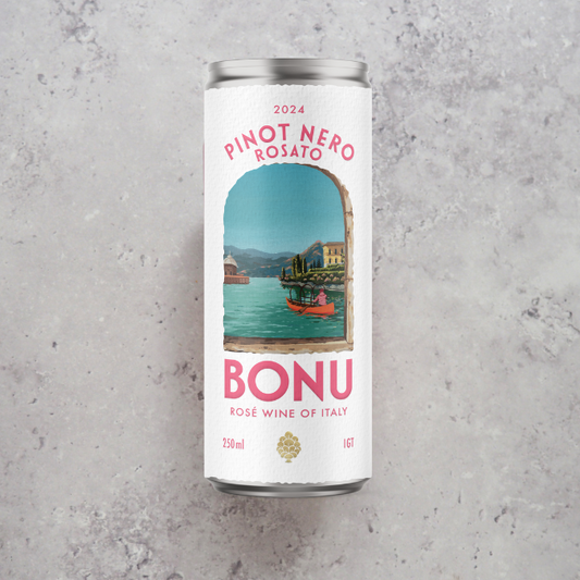 BONU Pinot Nero Rosato 25cl from Lombardy, Italy – pale pink with strawberries, raspberries, acacia blossom and grapefruit notes.
