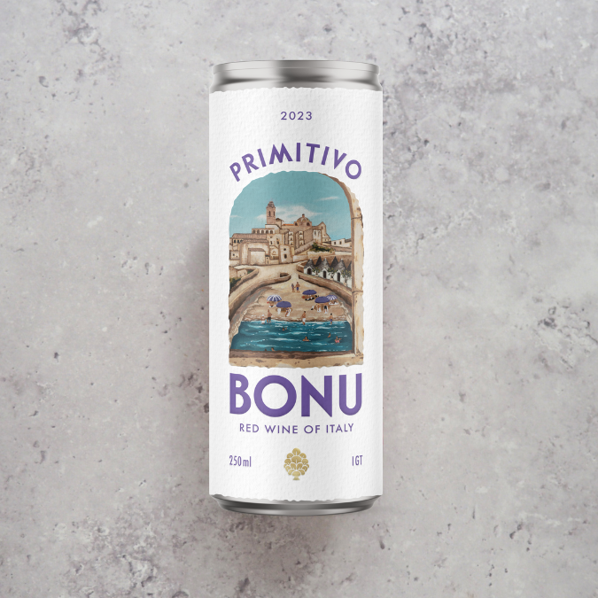 BONU Primitivo 25cl from Puglia, Italy – ruby red with cherry, plum, redcurrant and cinnamon notes.