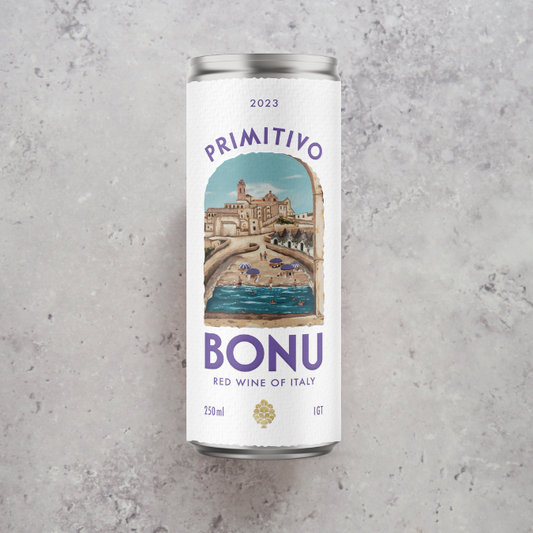 BONU Primitivo 25cl from Puglia, Italy – ruby red with cherry, plum, redcurrant and cinnamon notes.