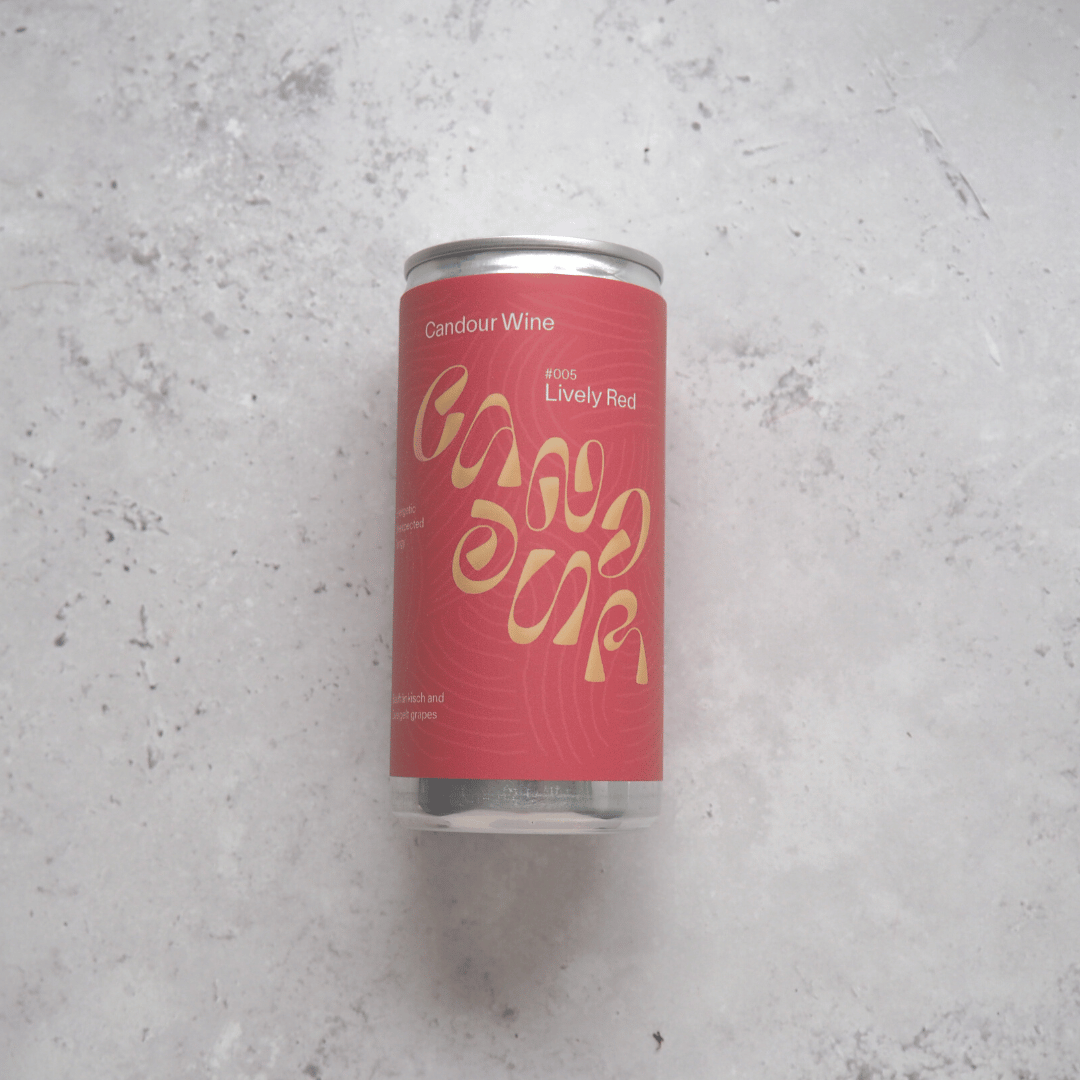 A 200ml can of red wine made from Blaufränkisch and Zweigelt grapes grown in Austria and canned for Candour.