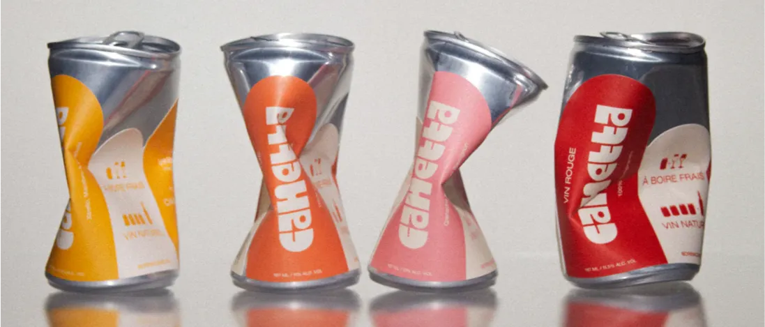 Four Canetta canned wines in crushed cans, showcasing the brand’s bold and playful natural wine collection.