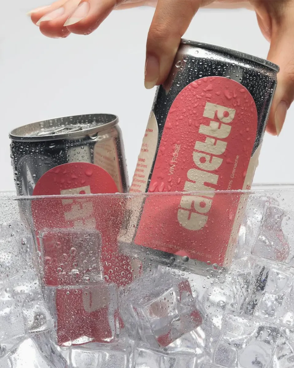 Canetta Rosé canned wine in ice bucket – a crisp Grenache and Cabernet Sauvignon blend from Provence, refreshing and pale pink.