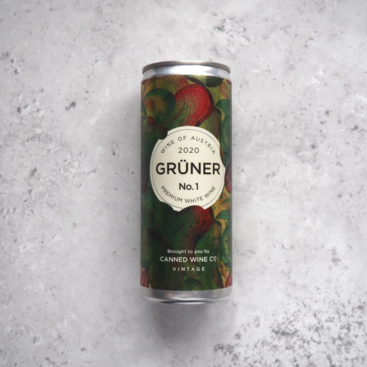 A 250ml can of white wine made from Grüner Veltliner grapes from Austria produced by The Canned Wine Co.
