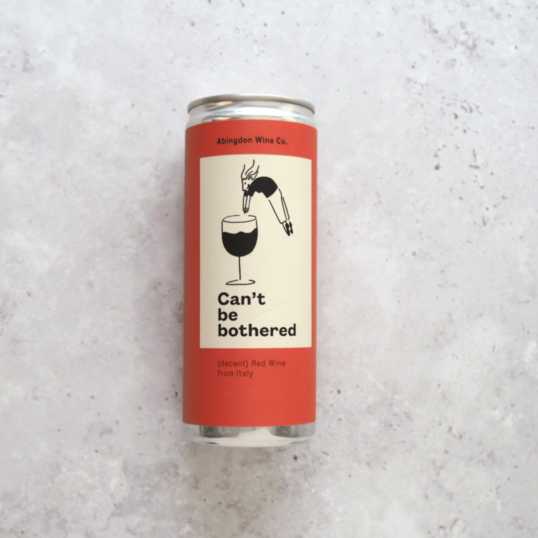 A 250ml can of Italian red wine featuring 40% Nebbiolo, 50% Barbera, and 10% Dolcetto, from Can't Be Bothered.