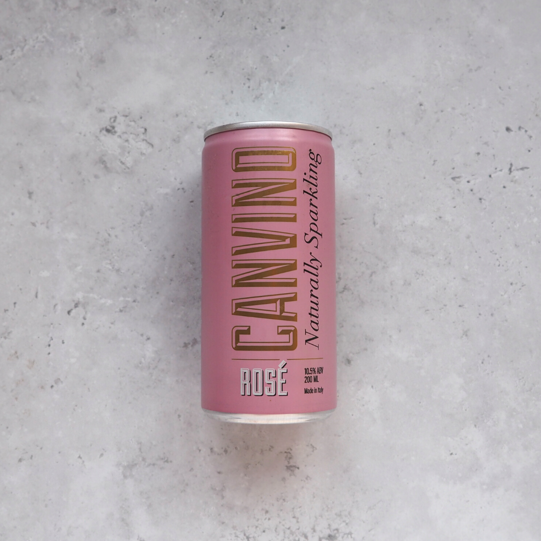 A 200ml can of rosé sparkling wine made from Chardonnay, Trebbiano and Moscato grapes from Italy for Canvino.