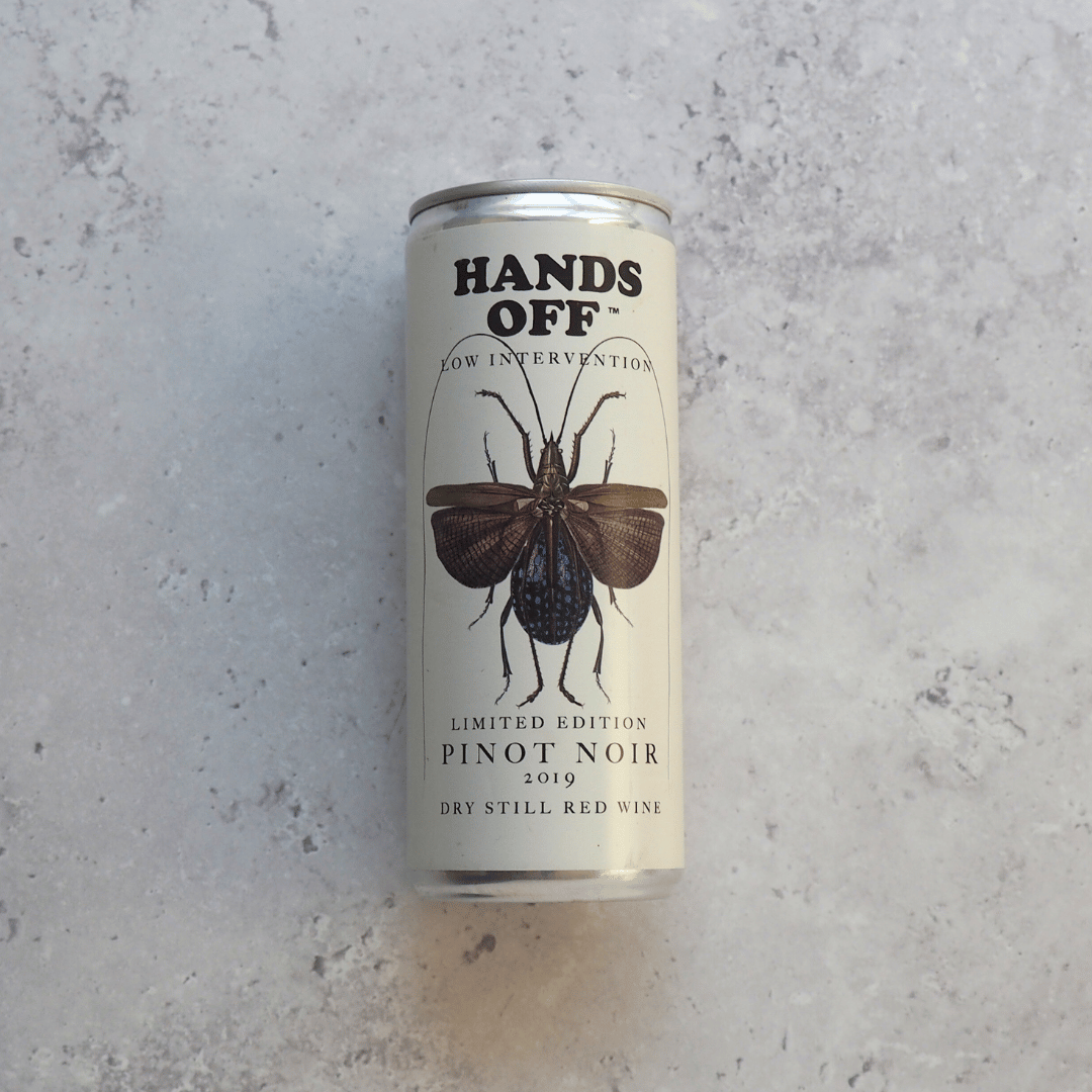 A 250ml can of red wine made from Pinot Noir grapes from Germany produced by Hands Off.