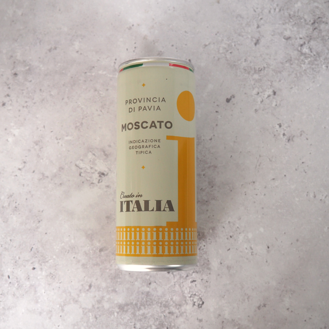 A 250ml can of white Moscato wine from Italy, elegantly packaged for convenient enjoyment.