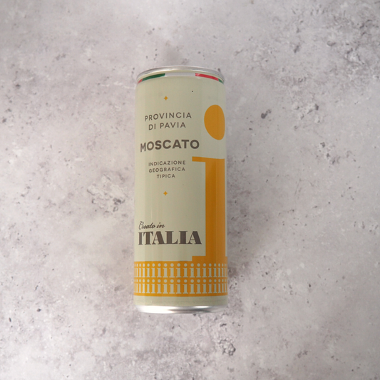 A 250ml can of white Moscato wine from Italy, elegantly packaged for convenient enjoyment.