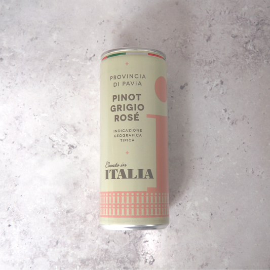 A 250ml can of rosé wine made from Pinot Grigio grapes, sourced from the Pavia Hills of Italy.