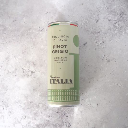 A sleek can of Pinot Grigio wine with a beautifully designed Italian label, perfect for enjoying on the go.