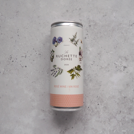 A 250ml can of French rosé wine, featuring Grenache, Cinsault, and Syrah blends in a stylish design.