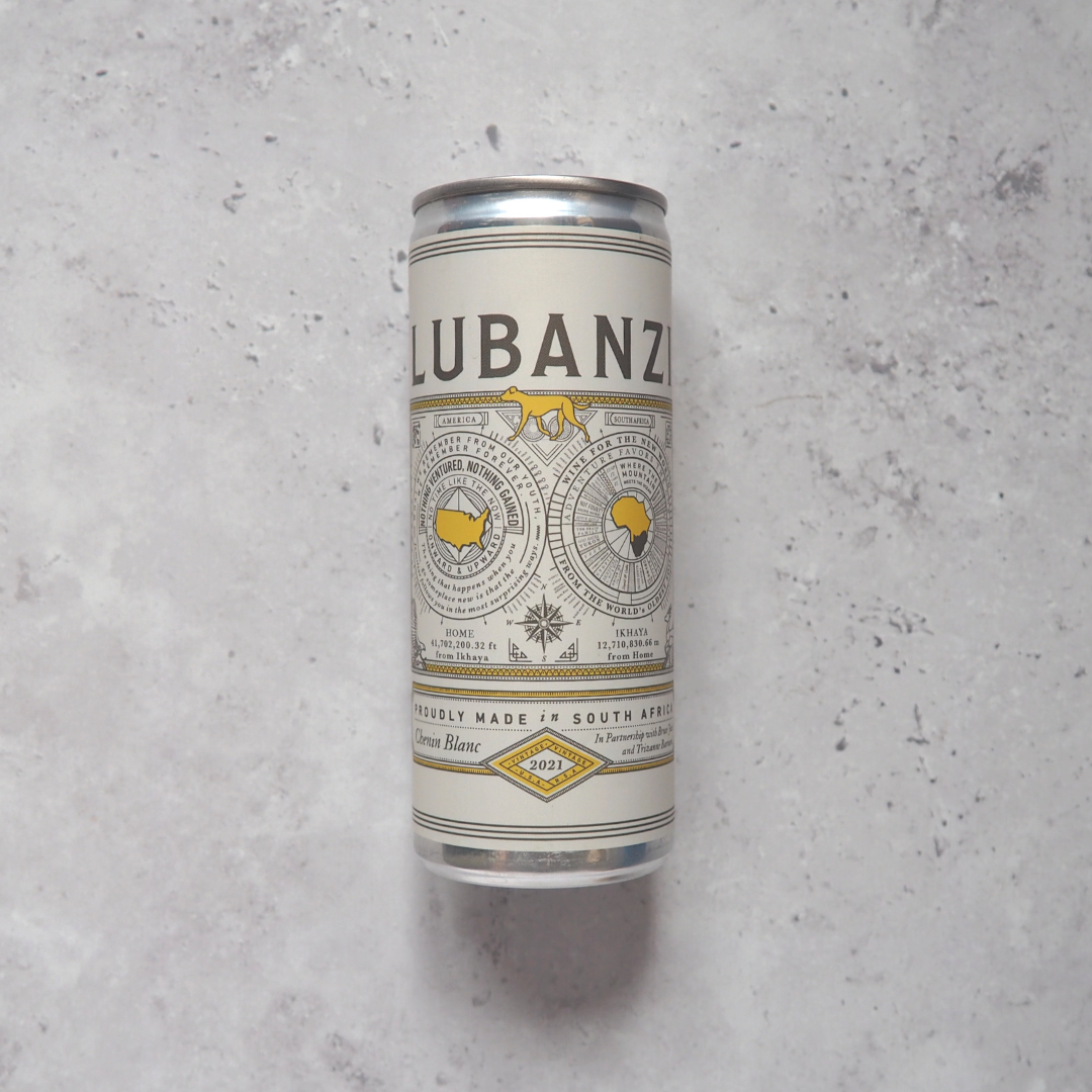 A 250ml can of Lubanzi Chenin Blanc wine made in South Africa.