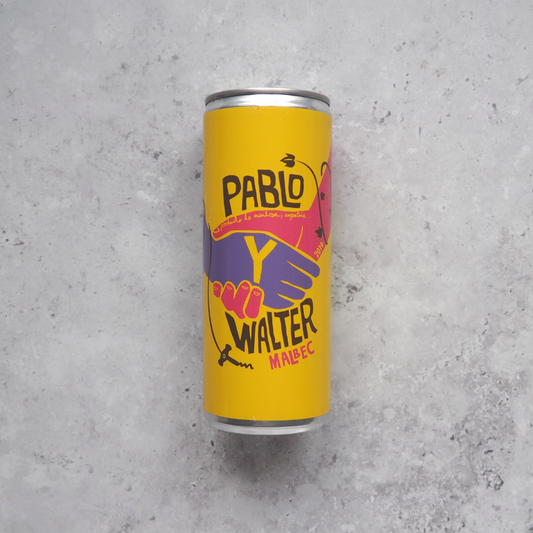 A 250ml can of red wine made from Argentinian Malbec with a bold design featuring a handshake.