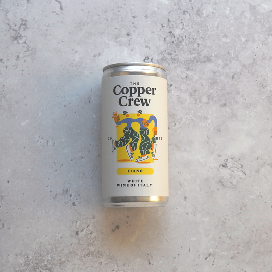 A 187ml can of white wine made from Fiano grapes from Italy produced by The Copper Crew.