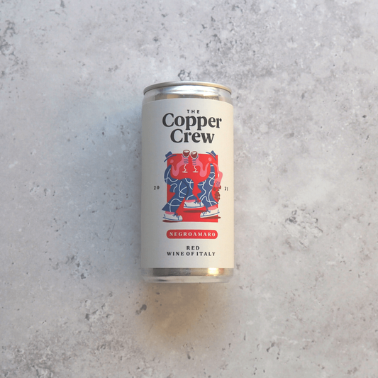 A 187ml can of red wine made from Sangiovese, Nero di Troia and Aglianico grapes from Italy produced by The Copper Crew.