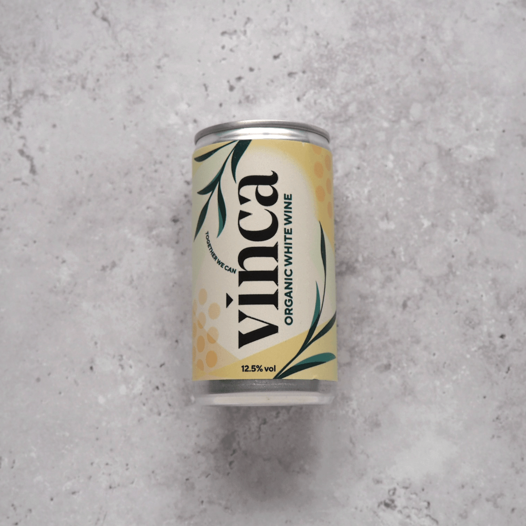 A 187ml can of white wine made from organic Catarratto grapes from Sicily, Italy produced for Vinca.