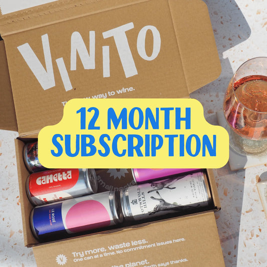 Vinito wine subscription box with canned wines and text overlay highlighting a 12 month subscription.