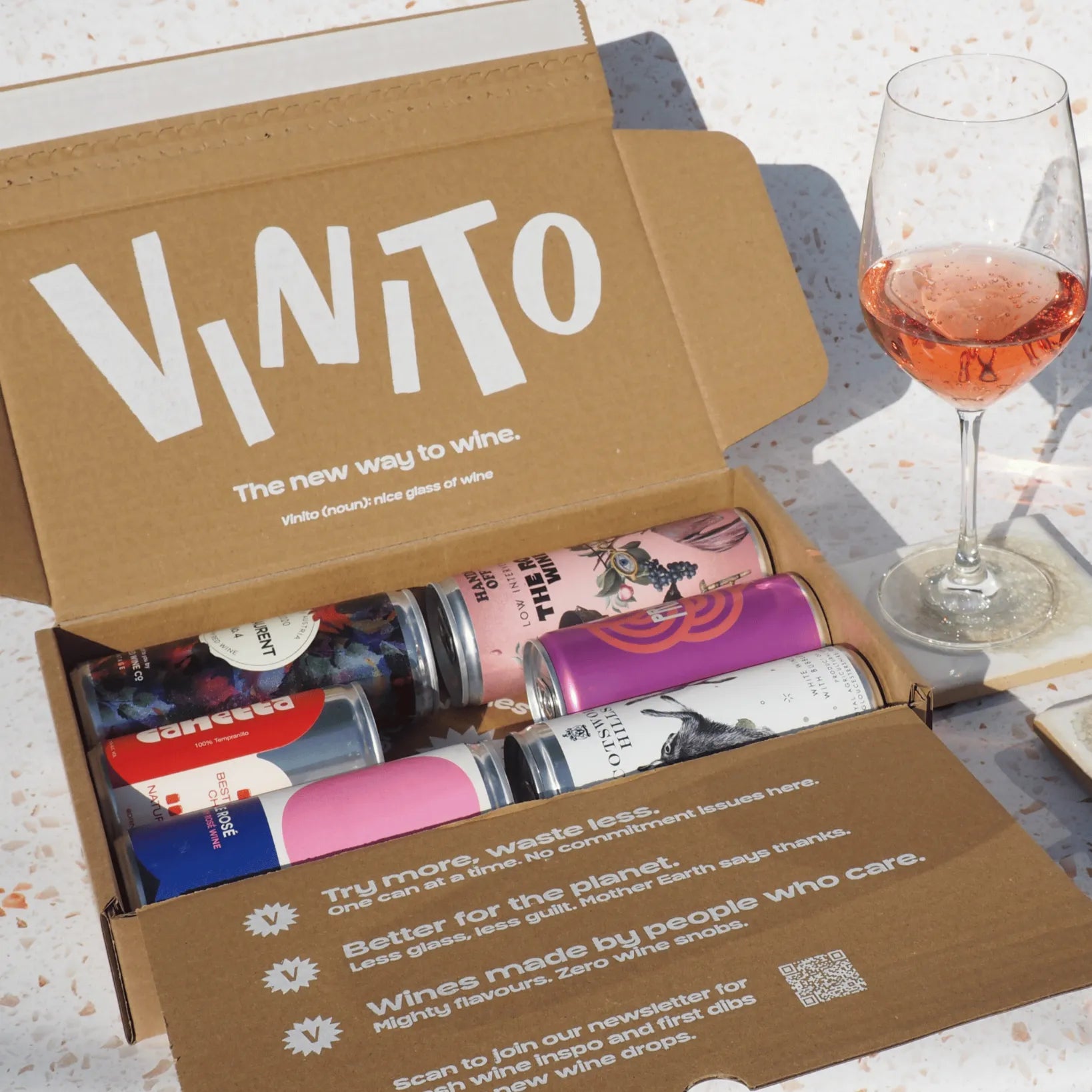 Vinito monthly wine subscription box with 6 canned wines
