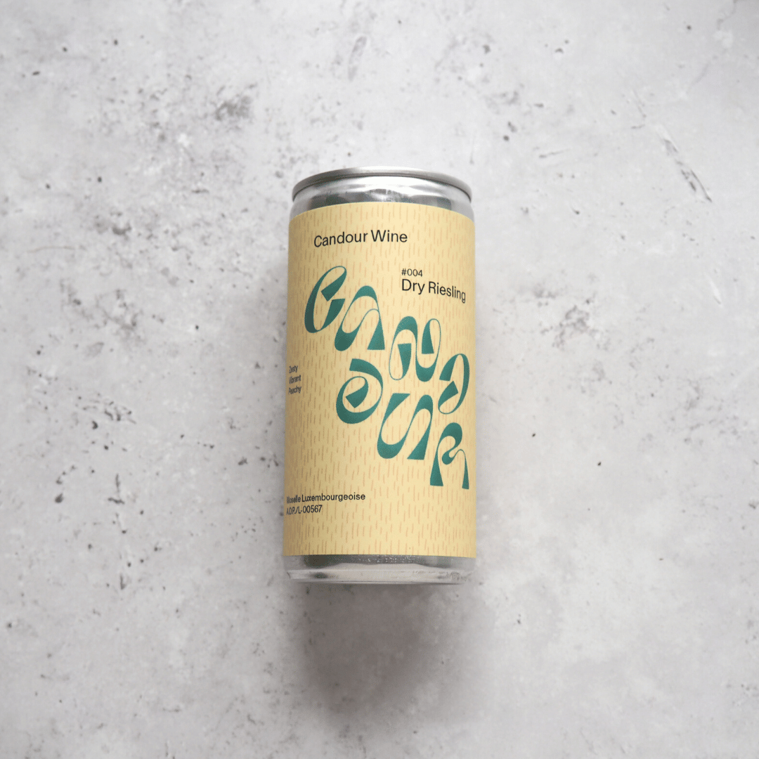 A 200ml can of white wine made from Riesling grapes grown in Luxembourg and canned for Candour.