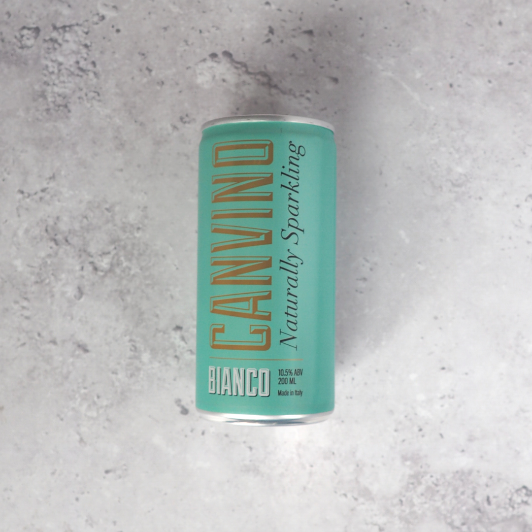 A 200ml can of white sparkling wine made from Trebbiano grapes from Italy for Canvino.