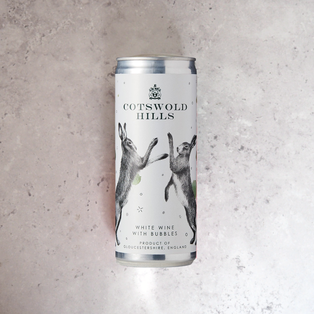 A 250ml can of white wine made from Ortega and Bacchus grapes from England produced for Cotswold Hills.