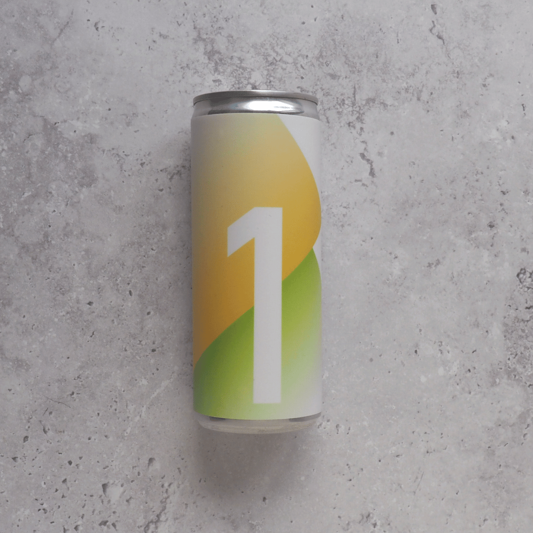 A 250ml can of orange/skin-contact wine made from Bacchus grapes grown at Flint Vineyard in Norfolk, England.
