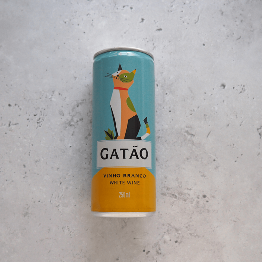 A 250ml can of Portuguese white wine, known as 'vino verde' made with a blend of traditional local grape varieties.