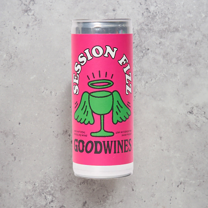 Session Fizz organic canned sparkling wine made from Grüner Veltliner, Riesling and Muscat, naturally fermented in the can, bright green apple, lemon zest and grapefruit.
