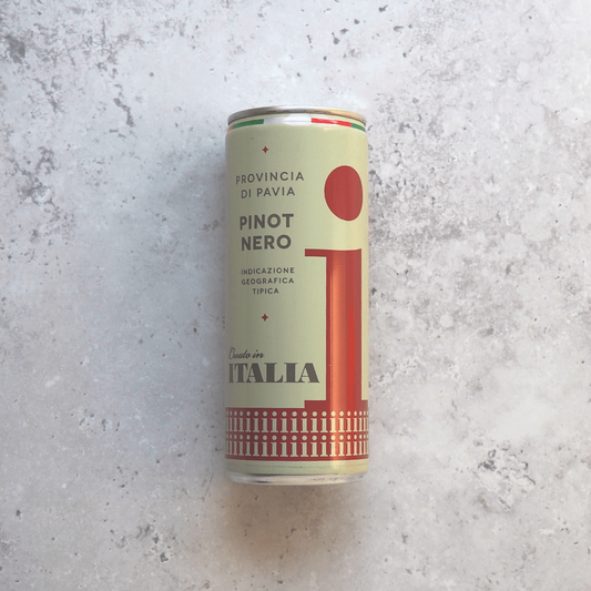 A 250ml can of Pinot Nero red wine from Italy, elegantly packaged in a can for convenient enjoyment on the go.