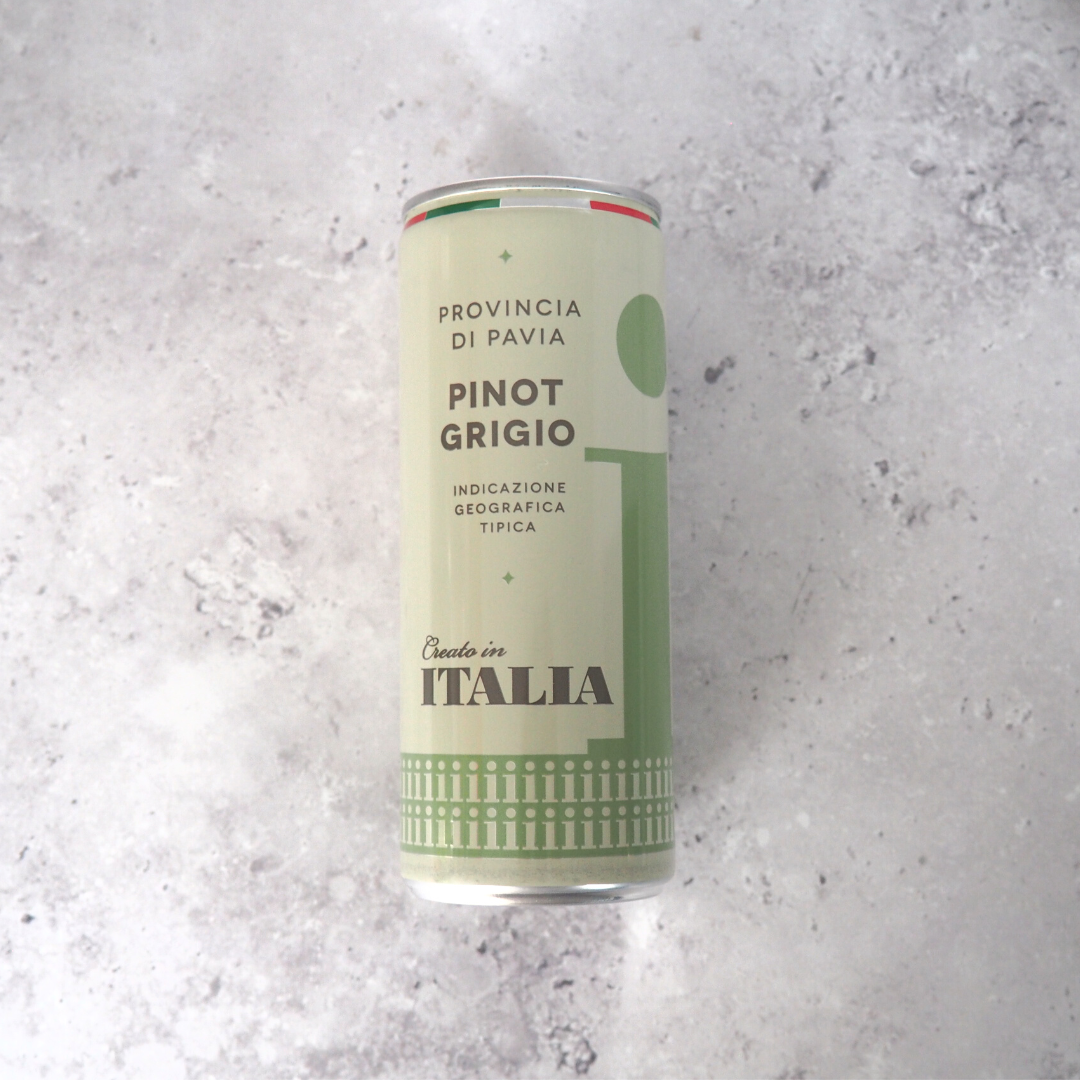 A sleek can of Pinot Grigio wine with a beautifully designed Italian label, perfect for enjoying on the go.