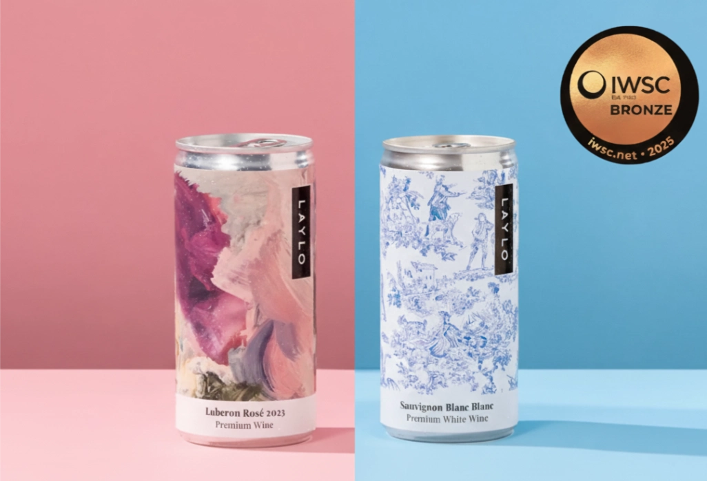Laylo award-winning canned wines Rosé 2023 and Sauvignon Blanc 2023 with IWSC Bronze 2025 medals.