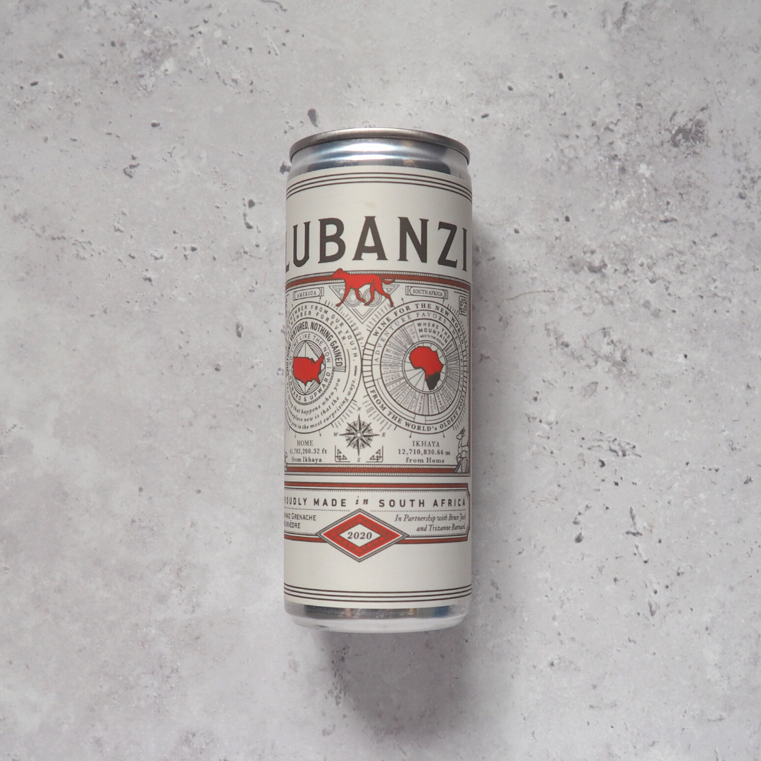 A 250ml of Lubanzi's red blend South African wine in a can.