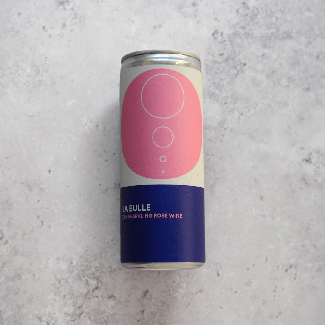 A 250ml can of Mad Med's La Bulle sparkling rosé wine from France, made with Syrah and Vermentino grapes.