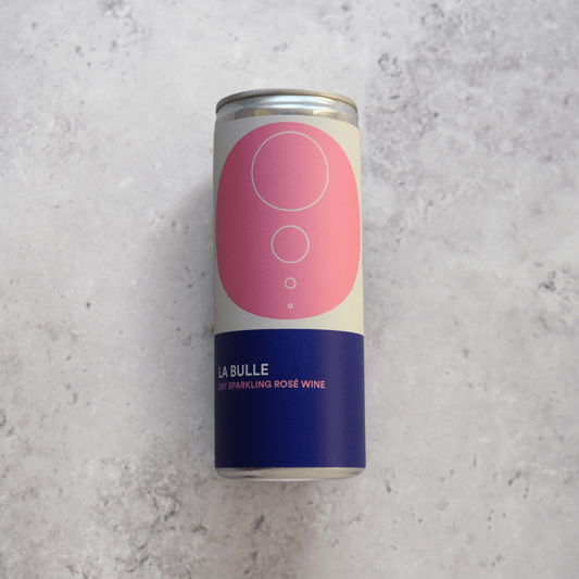 A 250ml can of Mad Med's La Bulle sparkling rosé wine from France, made with Syrah and Vermentino grapes.