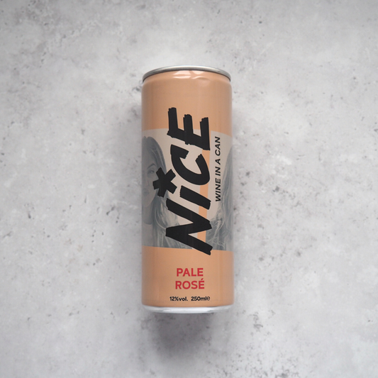 A 187ml can of rosé wine made from Grenache grapes from France and canned by Nice. 