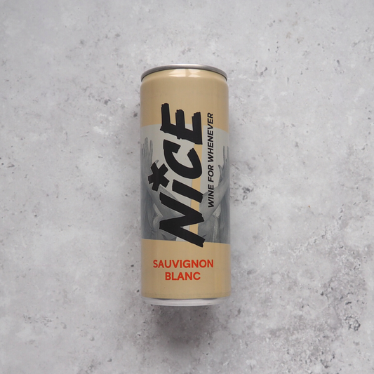 A 187ml can of white wine made from Sauvignon Blanc grapes from France and canned by Nice. 