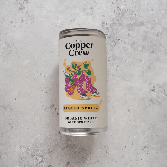A 200ml can of white wine spritzer made from Fiano grapes from Italy produced by The Copper Crew.