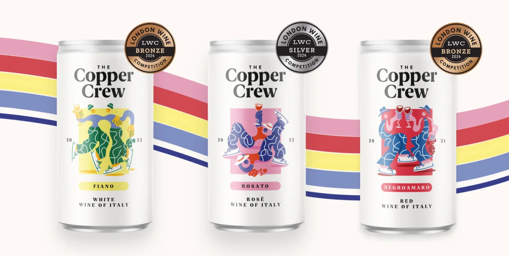 Award-winning The Copper Crew canned wines with London Wine Competition medals – Rosato Silver, Fiano Bronze, and Negroamaro Bronze in 2024