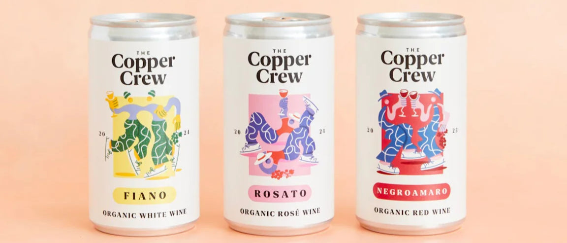The Copper Crew canned wine range – Fiano, Rosato, and Negroamaro – showcasing the flavours and winemaking tradition of Puglia
