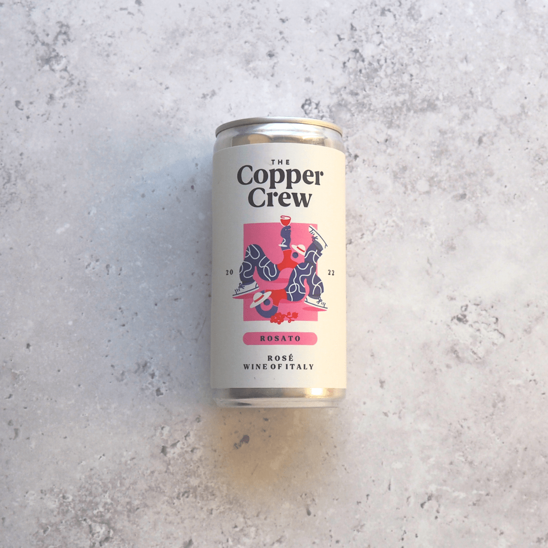 A 187ml can of rosé wine made from Primitivo, Negroamaro, Nero di Troia, Aleatico grapes from Italy produced by The Copper Crew.