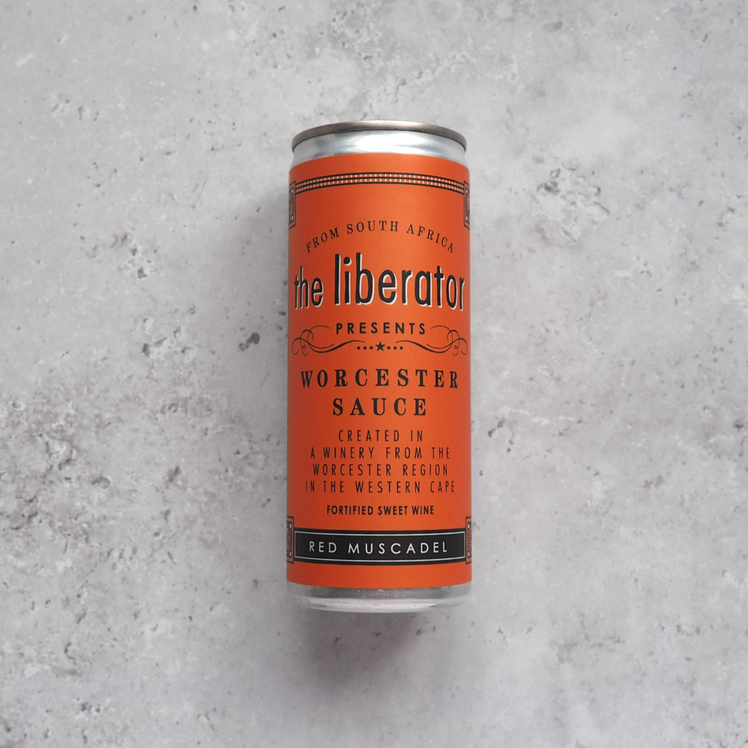 The Liberator Worcester Sauce canned Red Muscadel from South Africa, with rich caramel, raisin and red fruit flavours balanced by fresh acidity.