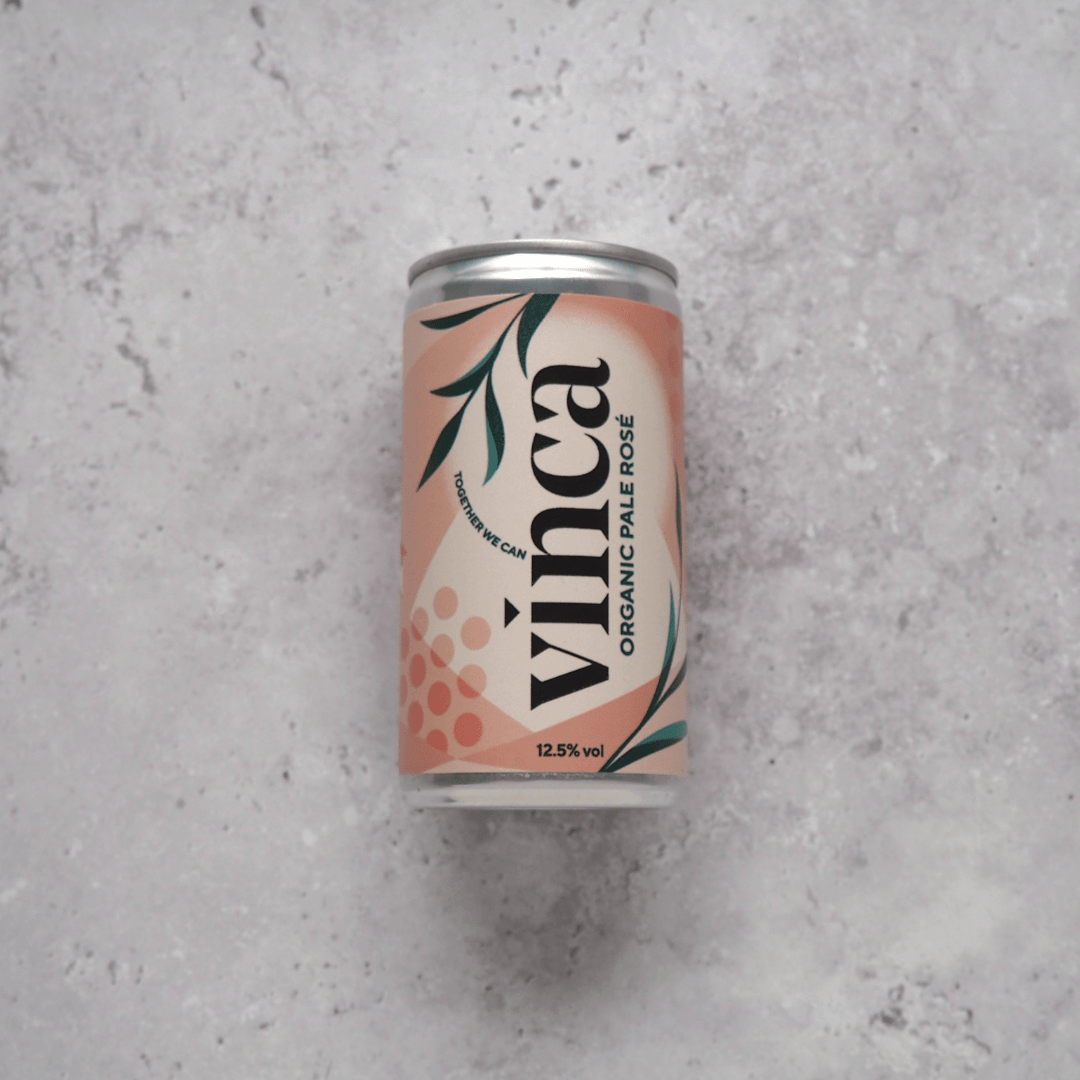 A 187ml can of rosé wine made from organic Syrah grapes from Sicily, Italy produced for Vinca.