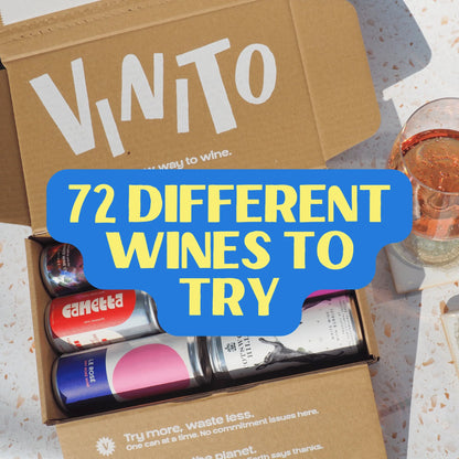 Vinito wine subscription box with six canned wines and text overlay promoting 72 different wines to try.
