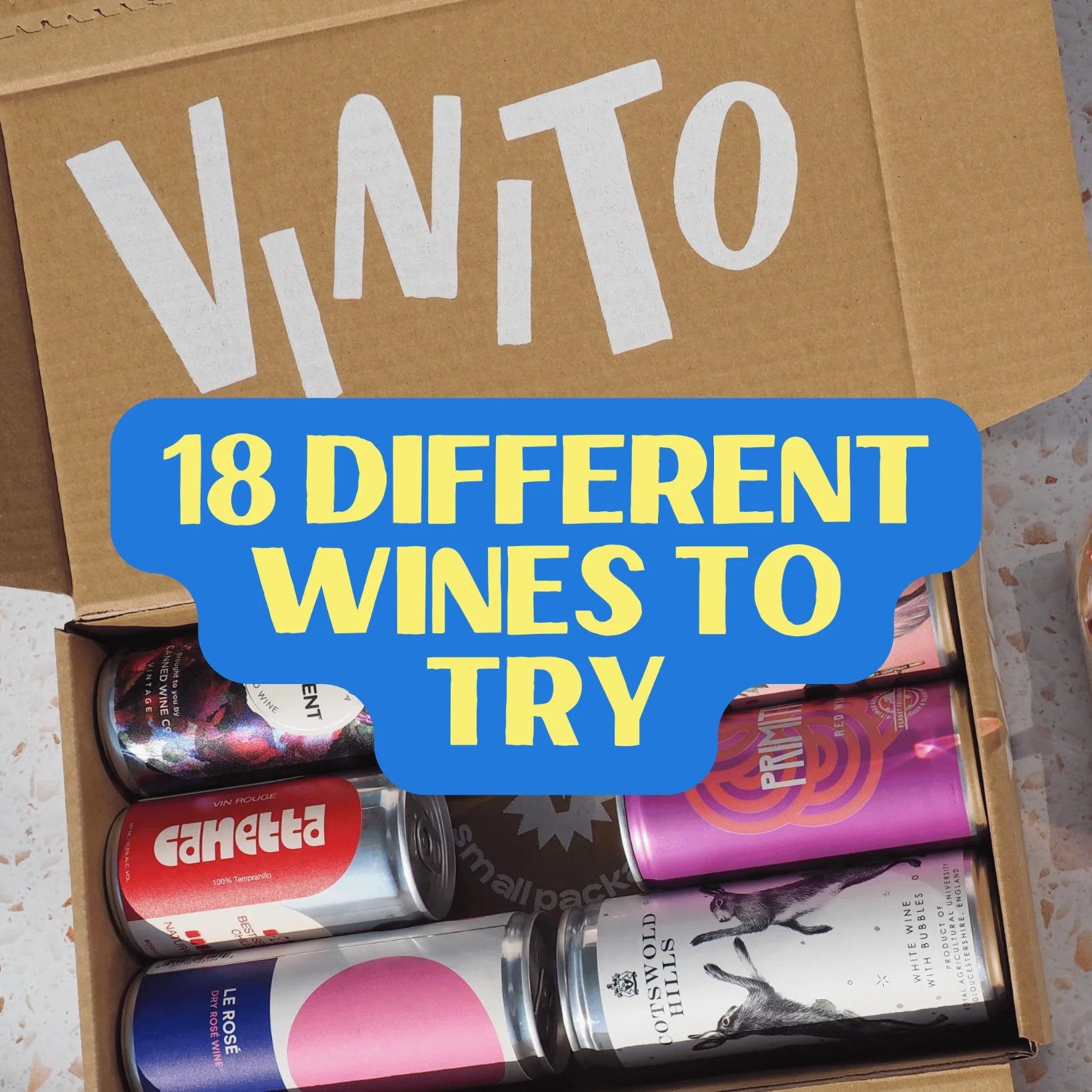 Vinito wine subscription box with assorted canned wines and text promoting 18 different wines to try.