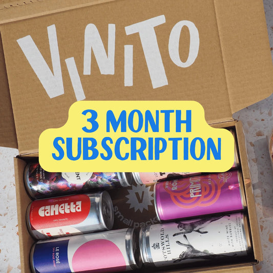 Vinito wine subscription box with colourful canned wines and text highlighting a 3 month subscription.