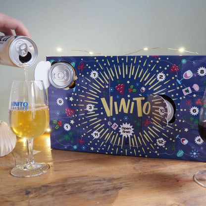 Vivito wine 12 wines of Christmas advent calendar with wine glasses and cans